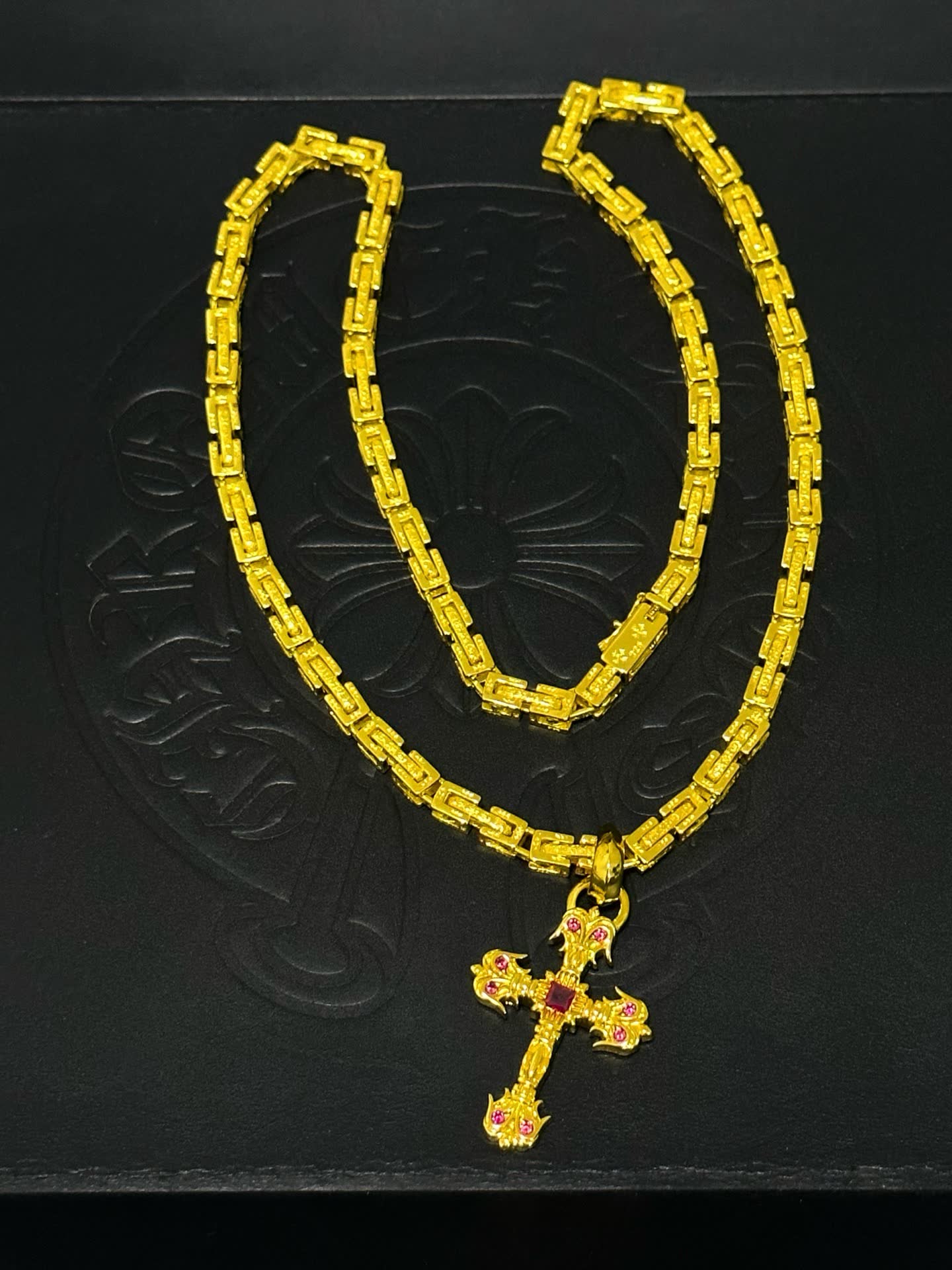 Chrome Hearts Gold Plated Cross Pendant with Ruby Stones
